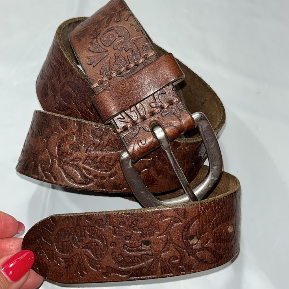AE belt FITS 33-39” DARK BROWN LEAF Embossed SOFT Leather 1.75”wide BOHO Western - Picture 10 of 12